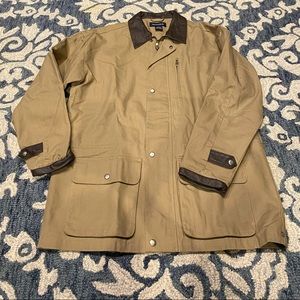 Ami Sanzuri men’s heavy beige coat with leather trim collar and sleeve in size S